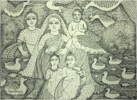 Jayasri Burman, From the Draupadi Series 20,&nbsp;2017,&nbsp;Pen and ink on paper,&nbsp;10 x 13 in