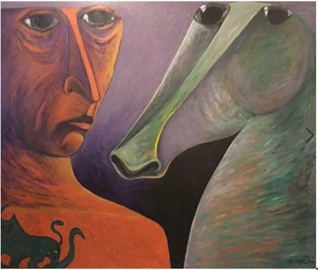 Ahmed Morsi, Untitled (Man and Two Creatures),&nbsp;1986, Acrylic on canvas, 60.25 x 70 in