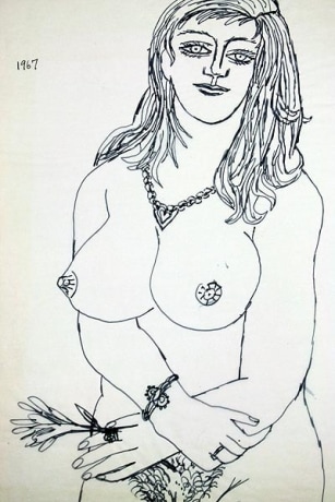 F. N. Souza,&nbsp;Untitled (Nude Holding Flower),&nbsp;1967,&nbsp;Ink on vellum, 17 x 12 in, &nbsp;
