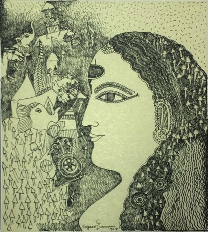 Jayasri Burman, From the Draupadi Series 21,&nbsp;2017,&nbsp;Pen and ink on paper,&nbsp;11 x 9 in