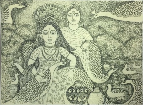 Jayasri Burman, From the Draupadi Series 18,&nbsp;2017,&nbsp;Pen and ink on paper,&nbsp;10 x 13 in