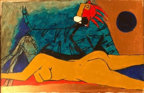 M. F. Husain,&nbsp;Untitled Tiger and Woman, 1990s, Acrylic on canvas, 30 x 40 in (76.2 x 101.6 cm)