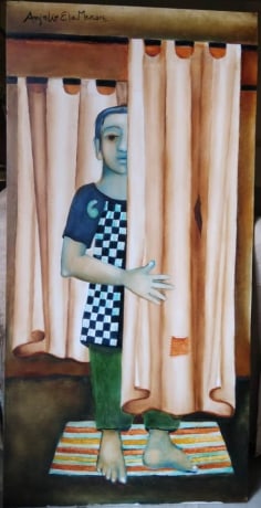 Anjolie Ela Menon, Boy Behind the Curtain, 2020, Oil on Masonite, 48 x 24 in