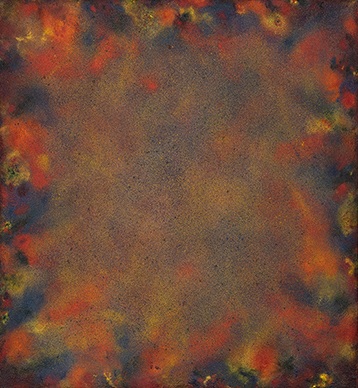 Abstract painting with blues, oranges and yellows