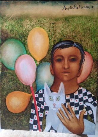 Anjolie Ela Menon, Boy with Balloons,&nbsp;2021, Oil on Masonite, 18 x 24 in
