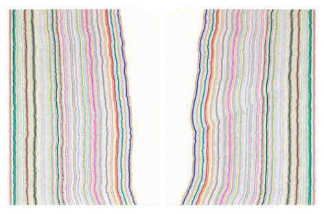 Chiral Lines 12, 2015. Graphite, marker, ballpoint, colored pencil on paper. Each: 50 x 38 inches, overall: 50 x 76 inches