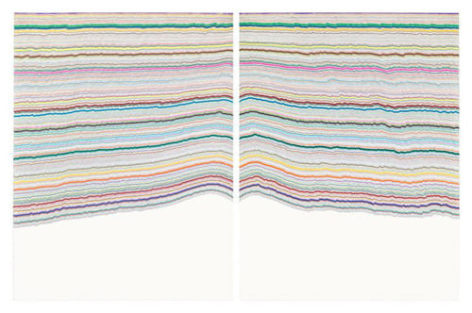 Chiral Lines 11, 2015. Graphite, marker, ballpoint, colored pencil on paper. Each: 50 x 38 inches, overall: 50 x 76 inches