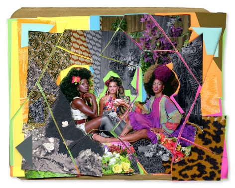 Mickalene Thomas,&nbsp;Le Dejeuner sur l&#039;herbe les Trois Femmes Noir #5,&nbsp;2017. Mixed media collage,, 10 3/4 x 12 3/4 inches.