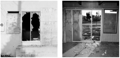 John Divola,&nbsp;Forced Entry, Site 29, Exterior View A and Interior View B,&nbsp;1975&ndash;1976. Dipytych comprised of vintage gelatin silver prints, 15 x 15 inches each.