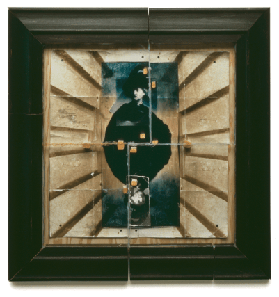 Doug &amp;amp; Mike Starn,&nbsp;Double Rembrandt (with steps),&nbsp;1985 - 1991. Prints on film and Kodak papers with scotch tape, silicon, pushpins and wooden frame, 26 1/2 x 25 1/2 inches.