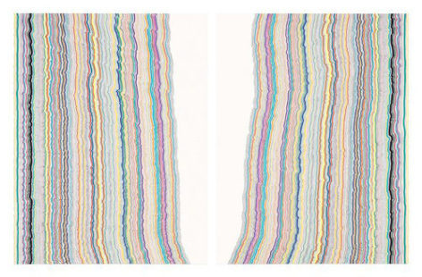 Chiral Lines 9 (BC), 2015. Graphite, marker, ballpoint, colored pencil on paper. Each: 28.5 x 22.5 inches, overall: 28.5 x 45 inches