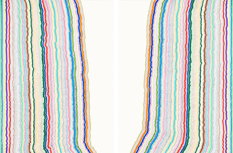 Rachel Perry,&nbsp;Chiral lines 21,&nbsp;2016. Graphite, marker, ballpoint, colored pencil on paper. Each panel: 30 x 22 3/8&nbsp;inches, overall: 30 x 45 inches. Unique.&nbsp;