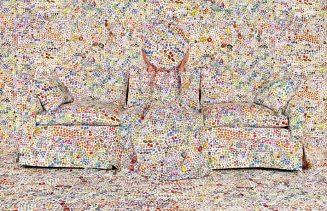 Rachel Perry,&nbsp;Lost in My Life (Fruit Stickers Seated with Round), 2019. Archival pigment print, 40 x 60 inches.