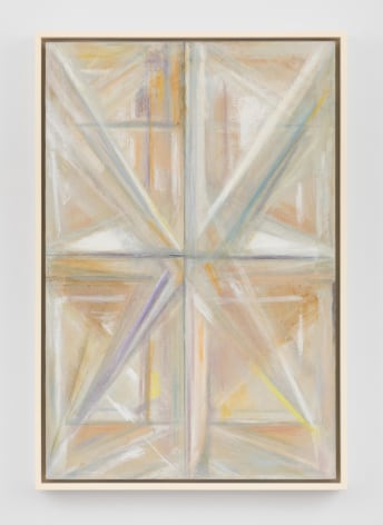 a mostly yellow rectangular painting with diamond patterns running up and down it's surface