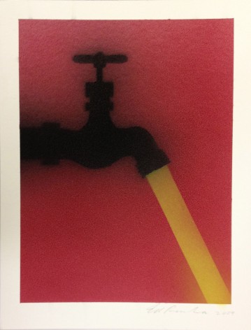 faucet in silouhette against a red background with a yellow stream