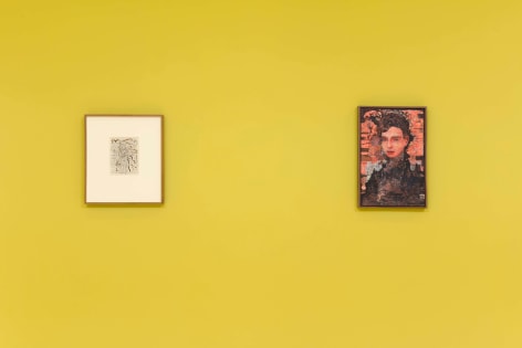 installation view of multiple works on paper and paintings in a yellow room