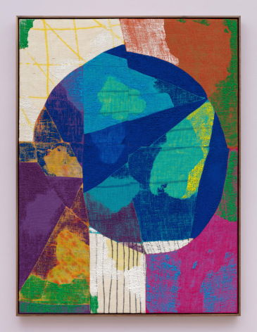 an abstract brightly colored painting on burlap with circles and diagonal lines