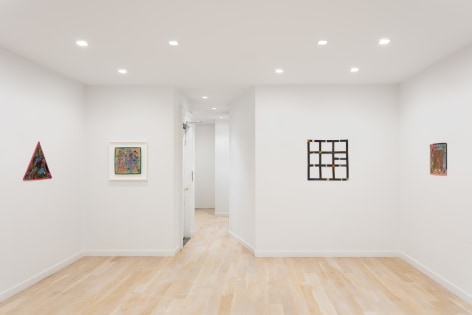 Installation view with multiple Alan Shields paintings