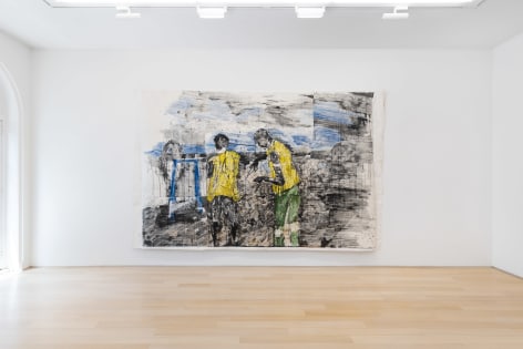 installation view of paintings in a white room