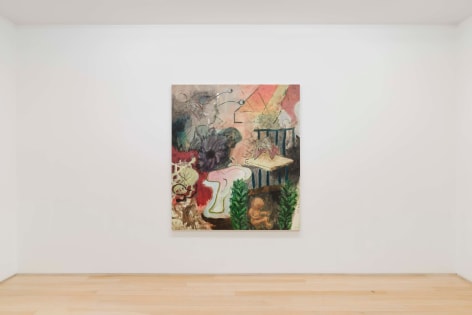 installation view of paintings in a white room