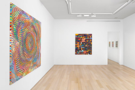 Installation view of abstract paintings