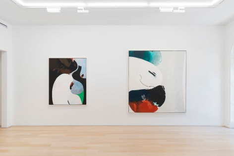 installation view of multiple paintings in a white room