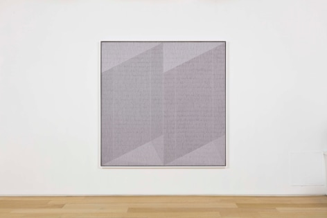 installation view of paintings in a white room