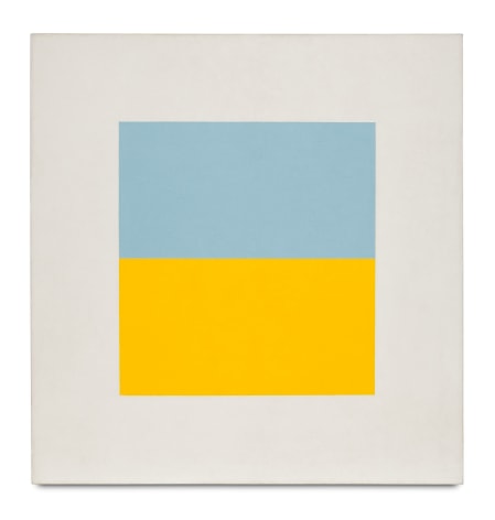 white square painting with a blue and yellow rectangle in the middle