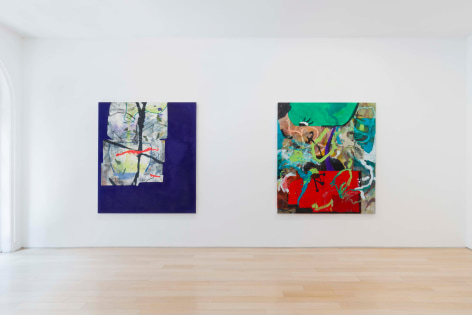 installation view of paintings in a white room