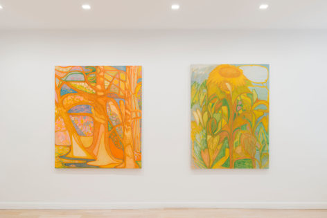 installation view of paintings in a white room