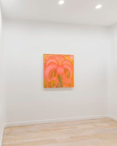 installation view of paintings in a white room