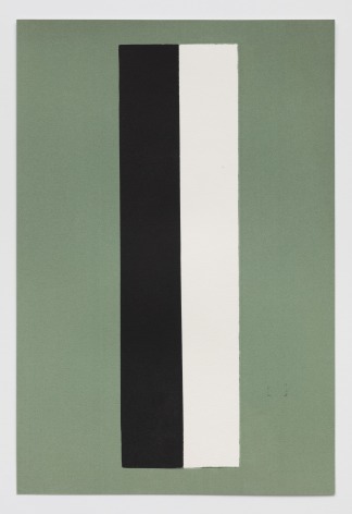 a vertical green background with a white and black stripe at its' center