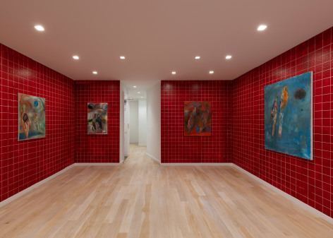 installation view of paintings of birds in a red room