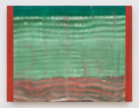 rectangular painting with red rectangles on the outside and swiggly green lines running horizontally between