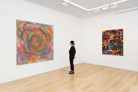 Installation view of abstract paintings