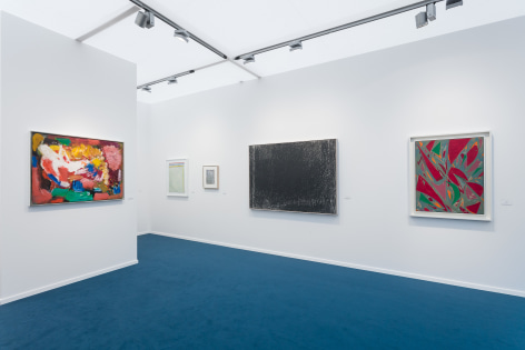 installation view of various abstract paintings at Frieze Masters London