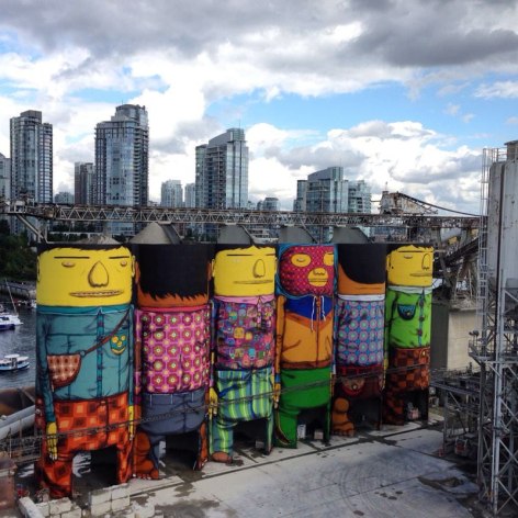 OSGEMEOS, Giants, Mural on six concrete silos