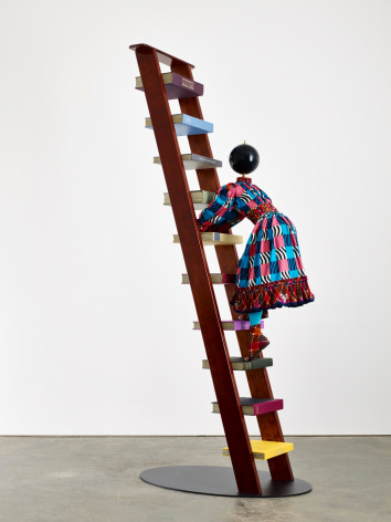 , YINKA SHONIBARE, MBE&nbsp;Magic Ladder Kid IV,&nbsp;2014&nbsp;Mannequin, Dutch wax printed cotton textile, leather, fiberglass, wooden ladder, steel baseplate, globe