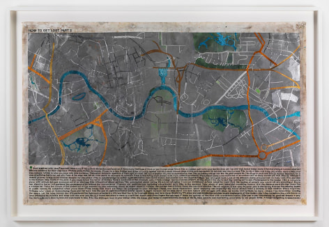 , SIMON EVANS&nbsp;How to Get Lost Part 2,&nbsp;2013&nbsp;Adhesive letters, tape, foil from candy and cigarette packs on world map poster&nbsp;31 x 48 1/2 in. (78.7 x 123.2 cm)