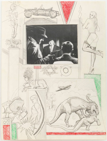 , Untitled [Fighting dinosaurs, lactating sphynx with Indian headdress], 1963. &nbsp;Pencil and crayon with collage on paper. &nbsp;24 x 18 in. &nbsp;Collection Nancy Holt Estate