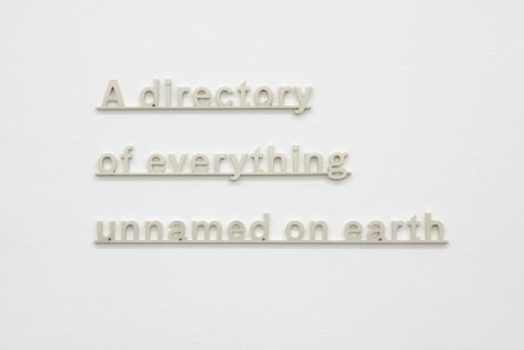 Silver letters on a wall that read: &quot;a directory of everything unnamed on earth&quot;
