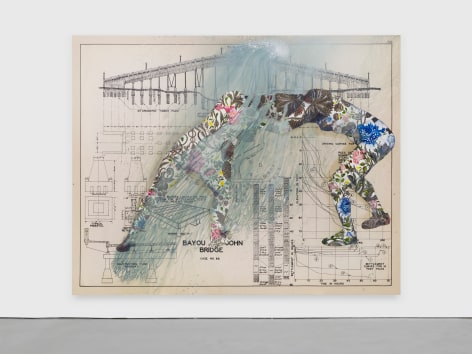 Industrial diagram with overlaid figures in floral pattern, painted water