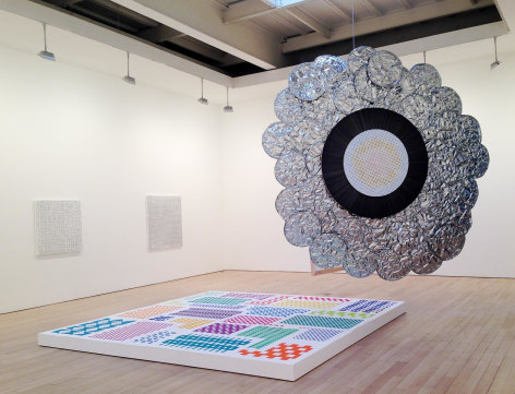 , MICHELLE GRABNER AND BRAD KILLAM&nbsp;My Oyster, 2014&nbsp;Wood, galvanized steel, silverpoint and gesso on panel, enamel on panel, cast concrete, photography, archival inkjet print, paper weaving, various fasteners and pedestal 130 x 130 x 96 in. (330.2 x 330.2 x 243.8 cm)