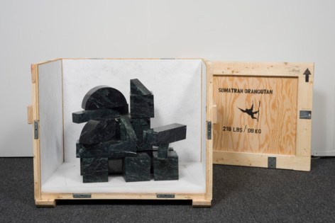 , DAVID BROOKS&nbsp;Marble Blocks - 218 lbs - or Sumatran Orangutan (Indonesia), 2014 Verde antique marble, stainless steel pins, wood crate, stencil paint, Tyvek, packing material, hardware 27 x 35 x 24 in. (68.6 x 88.9 x 61 cm) Courtesy of the artist and American Contemporary, New York