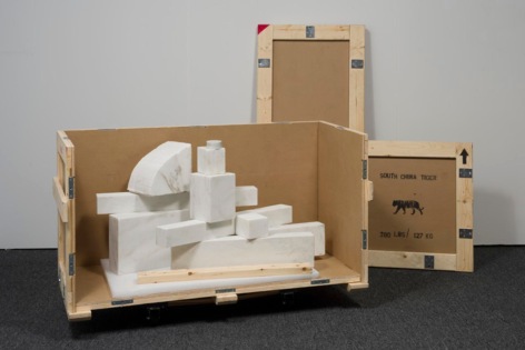 , DAVID BROOKS&nbsp;Marble Blocks - 280 lbs - or South China Tiger (China), 2014 Danby marble, stainless steel pins, MDO and wood crate, stencil paint, packing material, hardware, 30 x 54 x 25 in. (76.2 x 137.2 x 63.5 cm) Courtesy of the artist and American Contemporary, New York