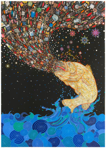 , FRED TOMASELLI&nbsp;Gyre,&nbsp;2014&nbsp;Photo-collage, leaves, acrylic, and resin on wood panel