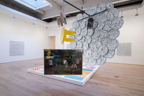 , MICHELLE GRABNER AND BRAD KILLAM My Oyster,&nbsp;2014&nbsp;Wood, galvanized steel, silverpoint and gesso on panel, enamel on panel, cast concrete, photography, archival inkjet print, paper weaving, various fasteners and pedestal 130 x 130 x 96 in. (330.2 x 330.2 x 243.8 cm)