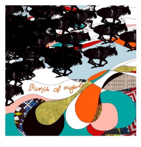 , YINKA SHONIBARE MBE,&nbsp;Bunch of Migrants.&nbsp;2016,&nbsp;Screen print with gold leaf on hand-deckled,&nbsp;Somerset Tub Sized 410gsm paper,&nbsp;44 x 42 1/8 in., Edition of 5