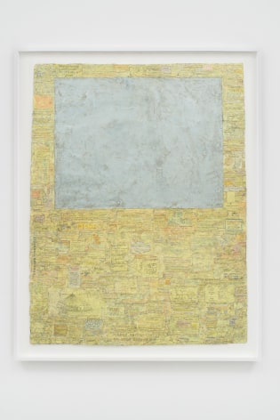 Grey square set into pale yellow field of text handwritten on strips of paper