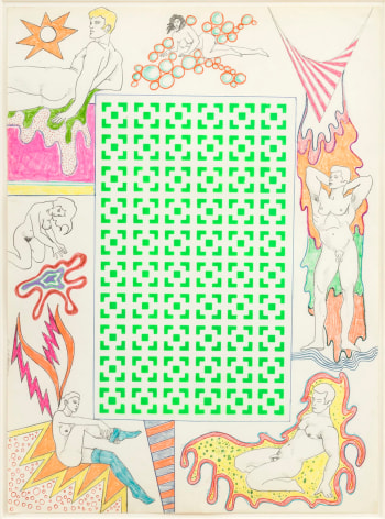 , Untitled [Green vertical square maze and woman with stockings],1964. Mixed media with stencil on paper. 30 x 22 in.